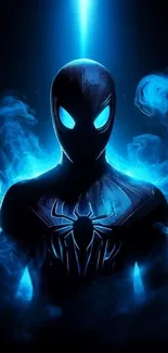 Mystical blue superhero with glowing eyes and striking silhouette.