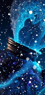 Mystical blue teapot with cosmic smoke and snowflakes wallpaper.