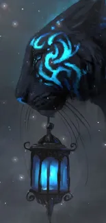 Mystical blue tiger with glowing lantern in dark fantasy artwork.