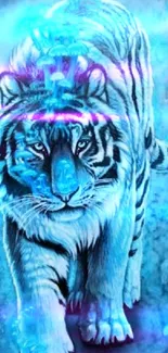 Mystical blue tiger with glowing mushrooms in fantasy art.