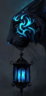 Mystical blue tiger with glowing lantern in the dark artwork.