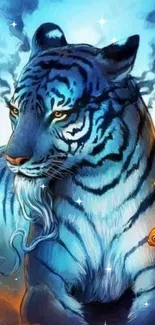 Mystical blue tiger with goldfish in vibrant colors.