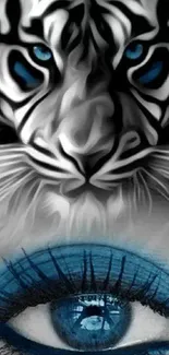 Artistic wallpaper of a white tiger's face with a vivid blue eye.