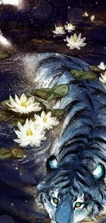 Blue tiger swims in moonlit water with glowing lotuses.