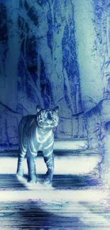 Mystical blue tiger walking through a digital forest pathway.