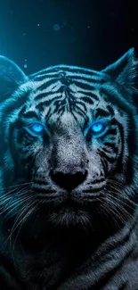 Mystical blue tiger wallpaper with glowing eyes and dark background.