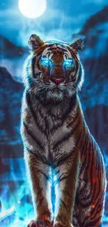 Mystical tiger with glowing blue eyes under the moon in vibrant fantasy art.