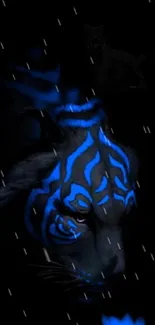 Mystical blue tiger in a dark setting with glowing stripes.