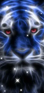 Mystical blue tiger with glowing red eyes and celestial background.