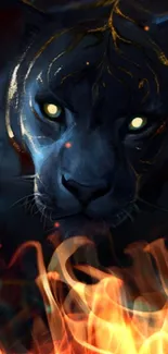 Mystical blue tiger with glowing eyes and fiery background.