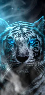 Blue-eyed tiger with mystical aura on a dark background.