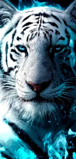 Mystical white tiger with blue flames on mobile wallpaper.