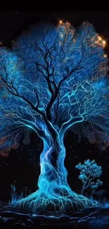 Glowing blue tree under starry night sky