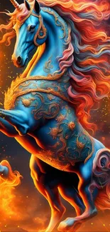 Vibrant blue unicorn with fiery orange mane in fantasy art design.