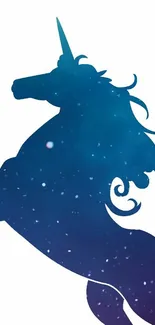 Silhouette of a mystical blue unicorn against a starry sky.