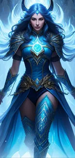 A mystical warrior in blue armor stands with glowing background.