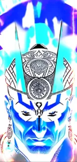 Mystical blue warrior with intricate headgear, creating an artistic fantasy vibe.