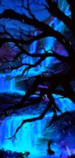 Blue waterfall with mystical tree in neon scenery.