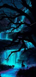 Mystical waterfall at night with deep blue and glowing hues.