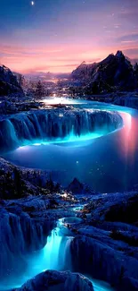 Enchanting blue waterfall with glowing light and sunset sky.