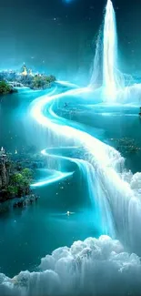 Mystical blue waterfall with lush green scenery.