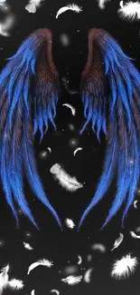 Mobile wallpaper of mystical blue wings on black background with white feathers.