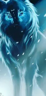 Mystical blue wolf in digital art, surrounded by snowflakes.