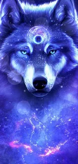 Mystical blue wolf with cosmic background design.