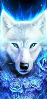 Mystical blue wolf with glowing roses in fantasy art wallpaper.