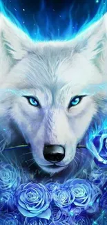 Blue wolf with glowing eyes and roses in digital art wallpaper.