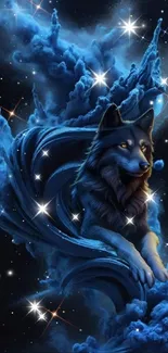 Mystical wolf in a blue galaxy nebula with stars.