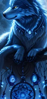 A mystical blue wolf with dreamcatchers in a fantasy setting.
