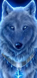 Stunning blue wolf artwork with radiant mystical tones.