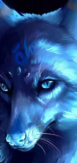 Mystical blue wolf with symbolic designs in digital art style.