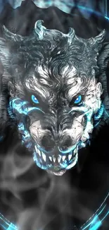 Fierce blue-eyed wolf wallpaper with mystical and dark elements.