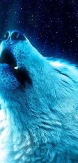 Blue wolf howling at a starry night sky, creating a mystical phone wallpaper.