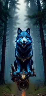 A glowing blue wolf sits atop a clock, surrounded by a mystical forest.