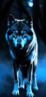 A mystical blue-toned wolf in a dark forest setting at night.