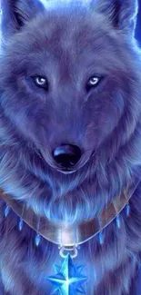 Mystical blue wolf with glowing necklace.