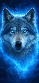 Mystical blue wolf with glowing eyes.