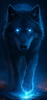 Mystical blue wolf with glowing eyes.