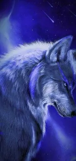 Mystical blue wolf on a cosmic background wallpaper.