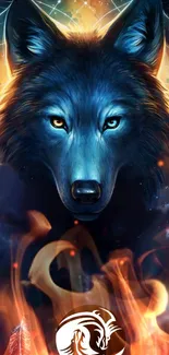 Mystical blue wolf with fiery background in fantasy wallpaper.