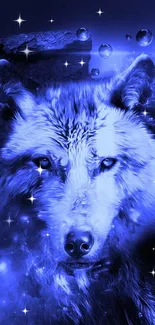 Mystical blue wolf with cosmic elements, perfect for mobile wallpaper.