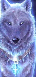 Mystical blue wolf with celestial jewelry under night sky.