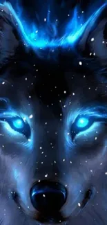 Mystical blue wolf with glowing eyes in a snowy, dark setting.