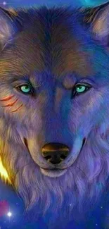 Fantasy blue wolf with glowing eyes in a mystical setting.