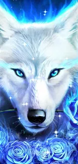 Mystical blue wolf with glowing eyes and roses.