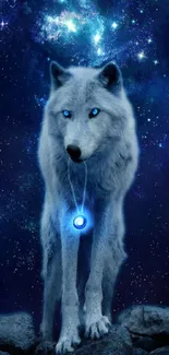 Mystical blue-eyed wolf under a cosmic sky.