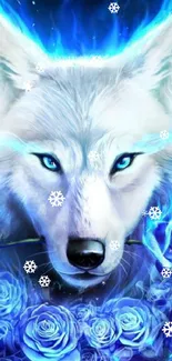 Mystical blue wolf with glowing roses as mobile wallpaper.